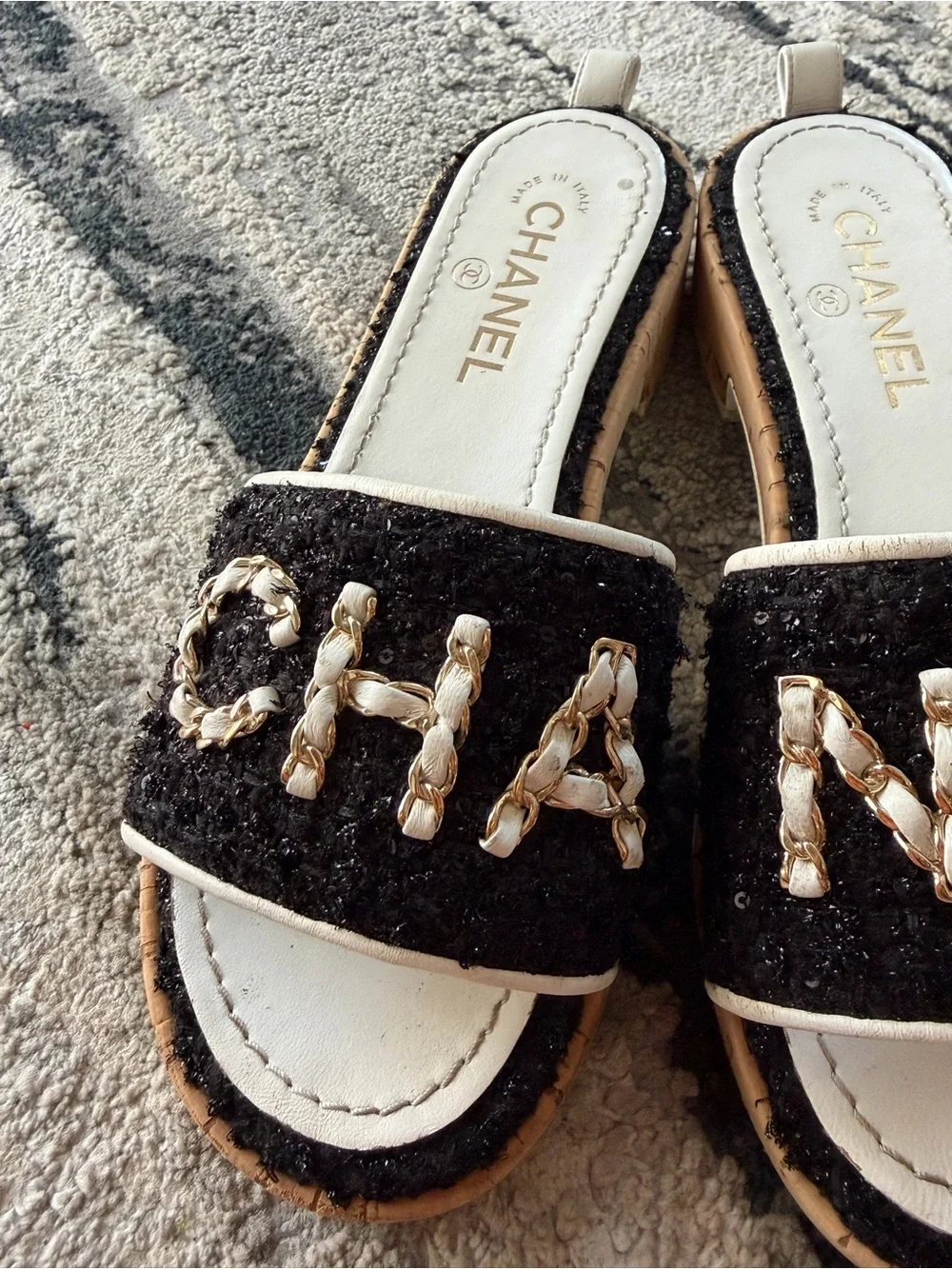 CHANEL Black Tweed Slide Mules with White-Gold Chain Logo